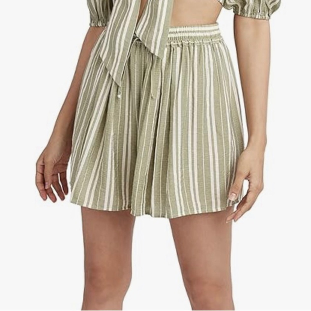 BCBG Generation Striped Shorts Olive Ivory XXS Pull-On Elastic Waist